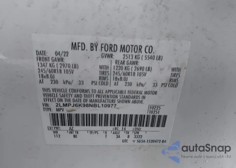 2022 Lincoln Nautilus Reserve z USA, uszkodzony, nr VIN 2LMPJ6K98NBL10977